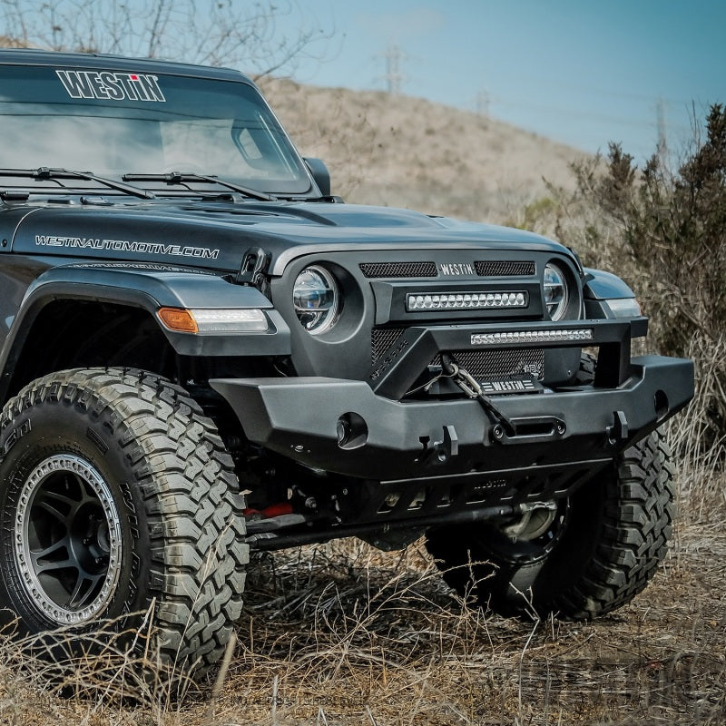 Westin 18-20 Jeep Wrangler WJ2 Full Width Front Bumper w/LED Light Bar Mount Textured Black - eliteracefab.com