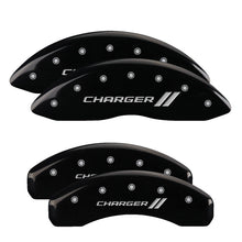 Load image into Gallery viewer, MGP 4 Caliper Covers Engraved Front &amp; Rear With stripes/Charger Black finish silver ch MGP