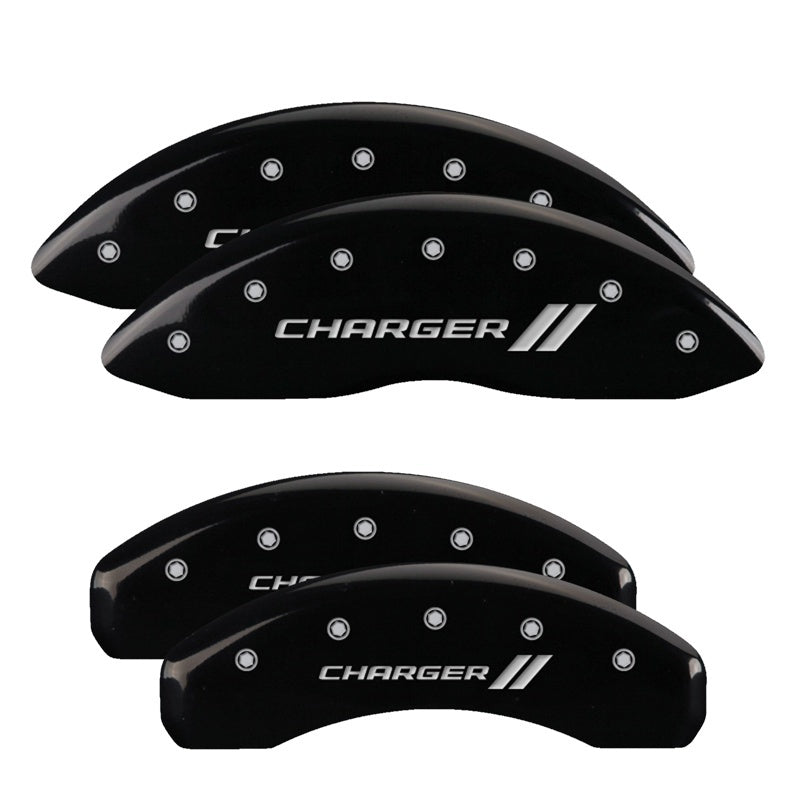 MGP 4 Caliper Covers Engraved Front & Rear Cursive/Charger Black finish silver ch MGP