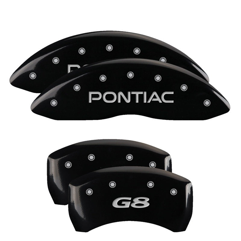 MGP 4 Caliper Covers Engraved Front Pontiac Engraved Rear G8 Black finish silver ch MGP