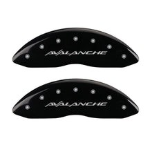 Load image into Gallery viewer, MGP 4 Caliper Covers Engraved Front &amp; Rear Avalanche Black finish silver ch MGP