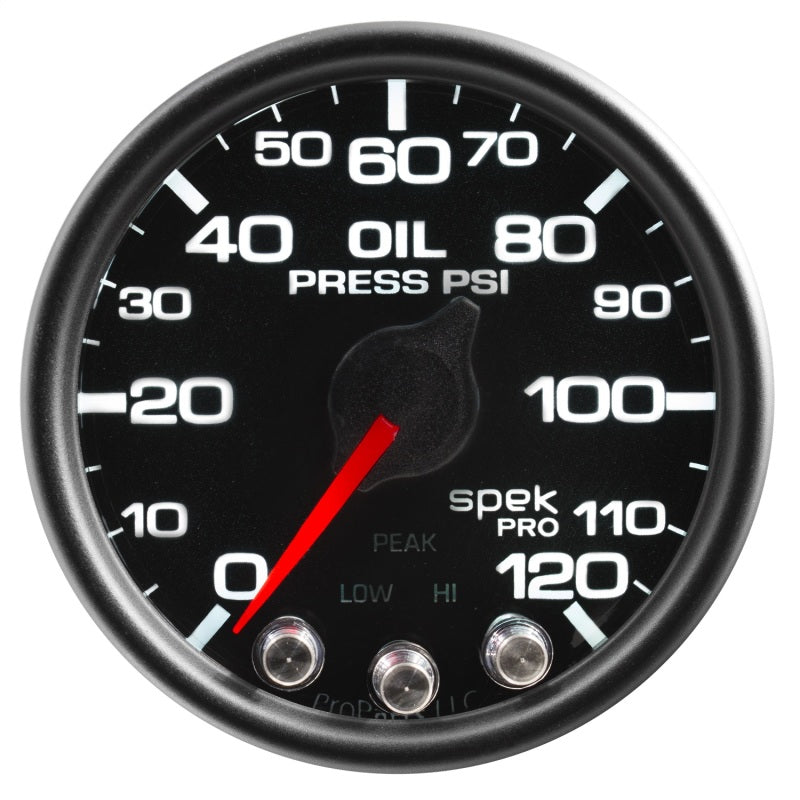 Autometer Spek-Pro Gauge Oil Press 2 1/16in 120psi Stepper Motor W/Peak & Warn Blk/Blk P32532