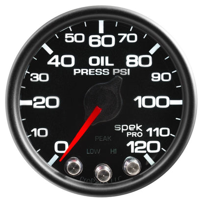 Autometer Spek-Pro Gauge Oil Press 2 1/16in 120psi Stepper Motor W/Peak & Warn Blk/Blk P32532