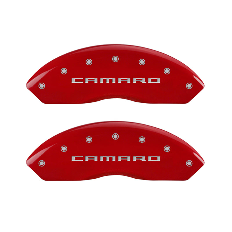 MGP 4 Caliper Covers Engraved Front & Rear Gen 5/Camaro Red finish silver ch - eliteracefab.com