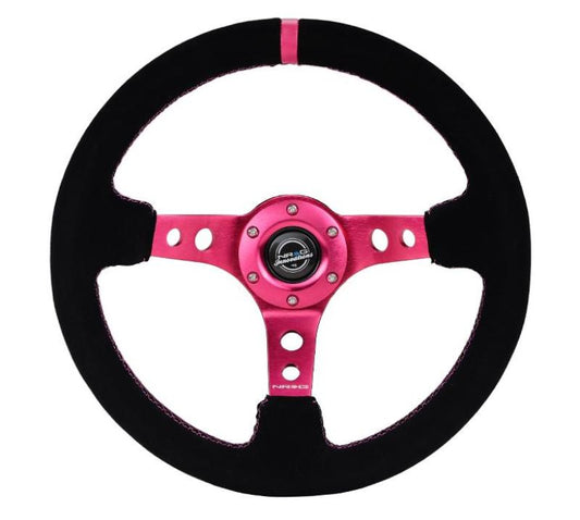 NRG Innovations 350mm Reinforced Deep Dish Steering Wheel - Suede - Fuchsia Spokes - Fuchsia Stitch – RST-006S-FH