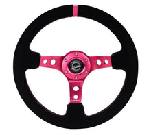 Load image into Gallery viewer, NRG Reinforced Steering Wheel (350mm/ 3in. Deep) Black Suede/ Fushia Center Mark/ Fushia Stitching - RST-006S-FH