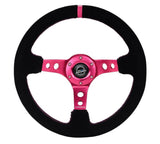 NRG Reinforced Steering Wheel (350mm/ 3in. Deep) Black Suede/ Fushia Center Mark/ Fushia Stitching - RST-006S-FH