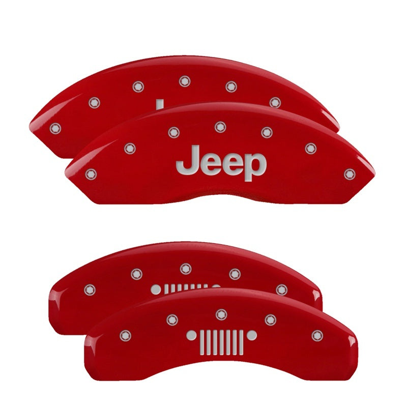 MGP 4 Caliper Covers Engraved Front Jeep Rear Grill Logo Red Finish Silver Char 2018 Jeep Wrangler MGP