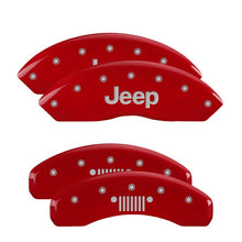 Load image into Gallery viewer, MGP 4 Caliper Covers Engraved Front Jeep Rear Grill Logo Red Finish Silver Char 2019 Jeep Wrangler