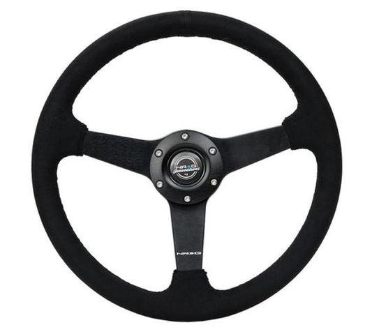 NRG Innovations 350mm Reinforced Flat Steering Wheel - Alcantara - Matte Black Spokes - Black Stitch – RST-037MB-SA