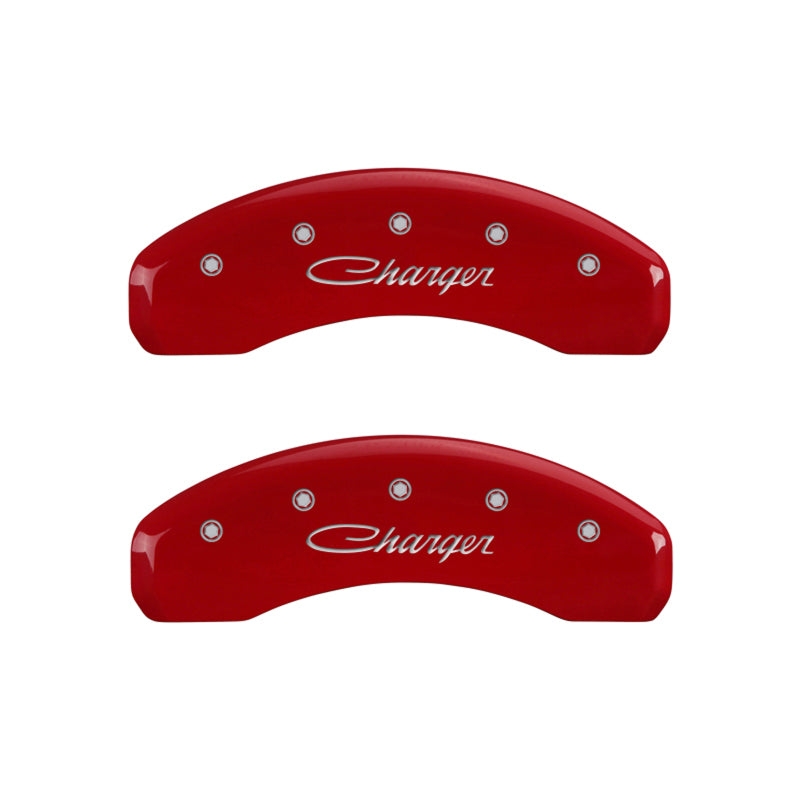 MGP 4 Caliper Covers Engraved Front & Rear Cursive/Charger Red finish silver ch MGP