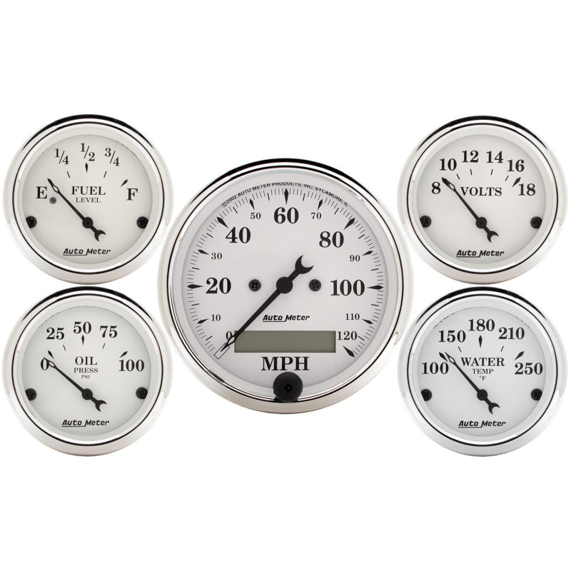 Autometer Old Tyme White 5 Piece Kit (Elec Speed/Elec Oil Press/Water Temp/Volt/Fuel Level) In-Dash 1602