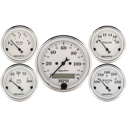 Autometer Old Tyme White 5 Piece Kit (Elec Speed/Elec Oil Press/Water Temp/Volt/Fuel Level) In-Dash 1602