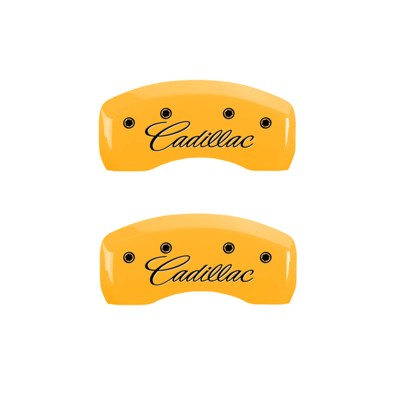 MGP 4 Caliper Covers Engraved Front & Rear Cursive/Cadillac Yellow finish black ch MGP