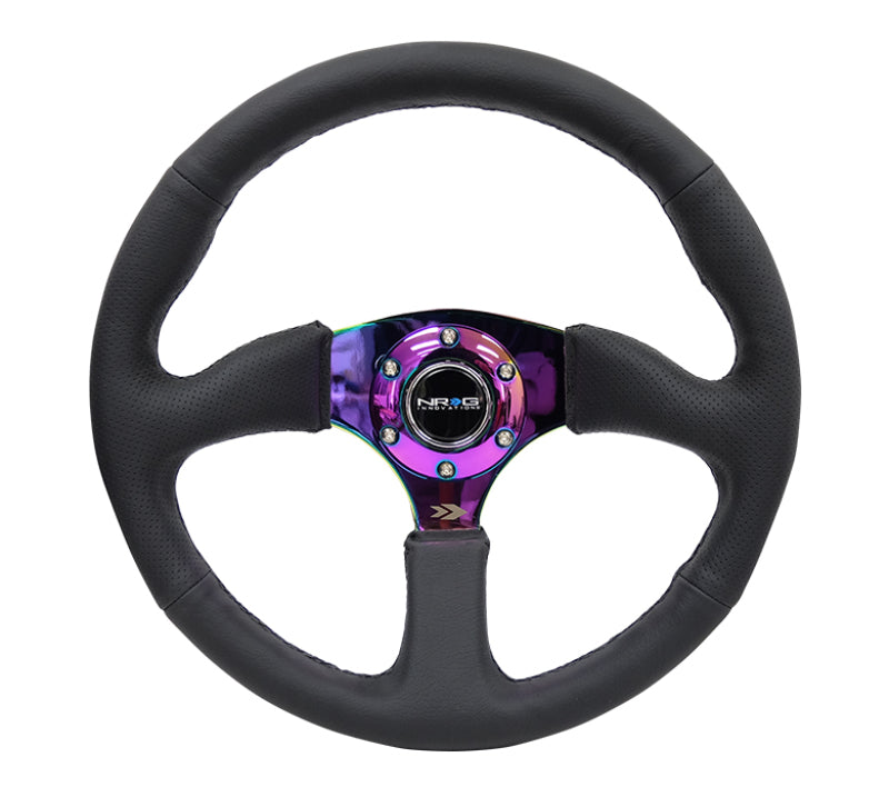 NRG Reinforced Steering Wheel (350mm / 2.5in. Deep) Leather Race Comfort Grip w/4mm Neochrome Spokes - eliteracefab.com