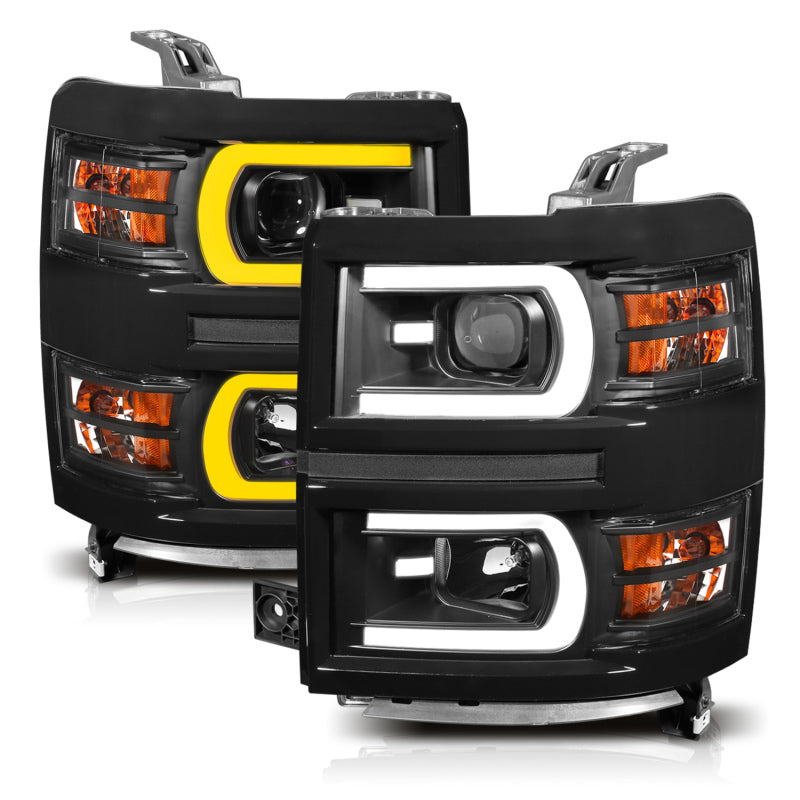 ANZO 14-15 Chevrolet Silverado 1500 Projector Headlights w/ Plank Style Switchback Black w/ Amber - eliteracefab.com