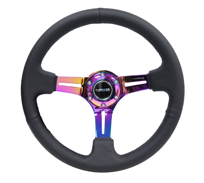 NRG Reinforced Sport Steering Wheel 350mm Leather 3 Inch Deep Black Stitch NeoChrome Slits - eliteracefab.com