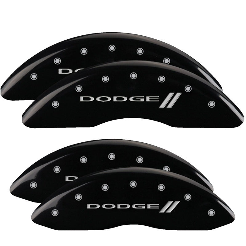 MGP 4 Caliper Covers Engraved Front & Rear With stripes/Dodge Black finish silver ch MGP