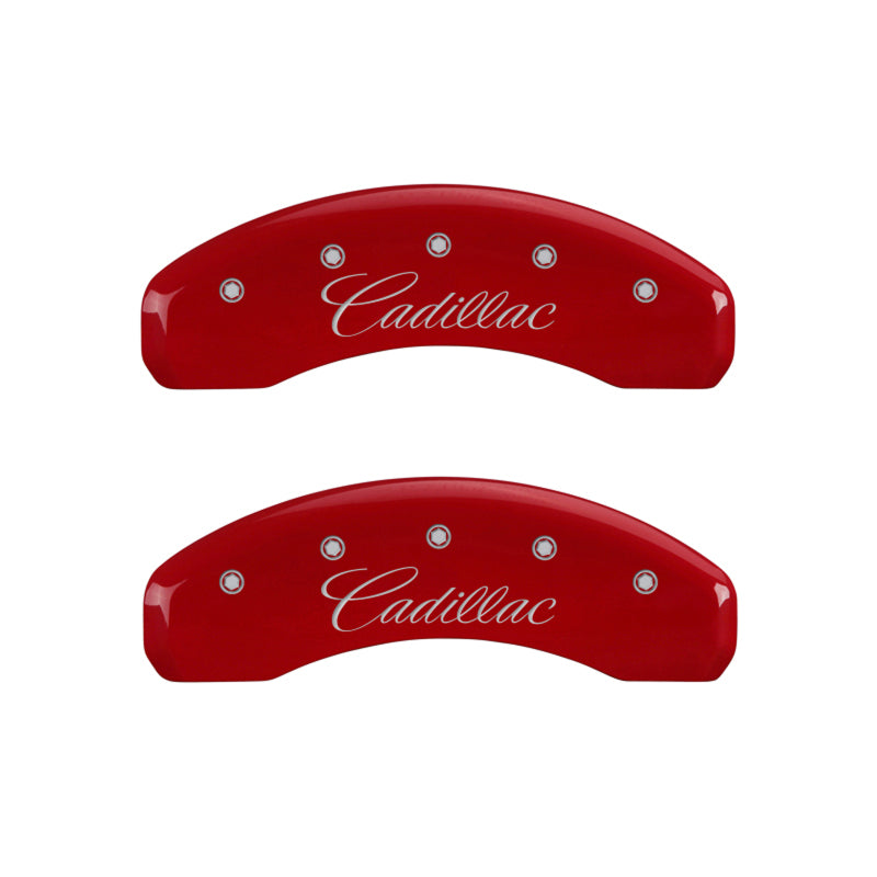 MGP 4 Caliper Covers Engraved Front & Rear Cursive/Cadillac Red finish silver ch - eliteracefab.com