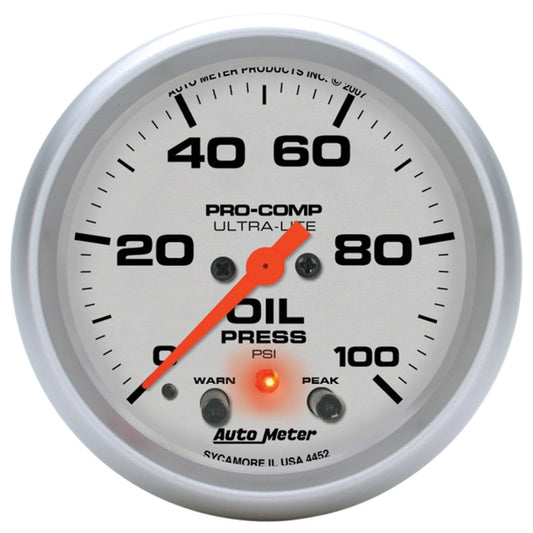 Autometer Ultra-Lite 66.7mm Oil Press 2 5/8in 100PSI Digital Stepper Motor w/ Peak & Warning Light 4452