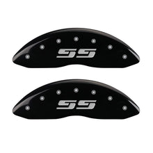 Load image into Gallery viewer, MGP 4 Caliper Covers Engraved Front &amp; Rear Silverado style/SS Black finish silver ch MGP