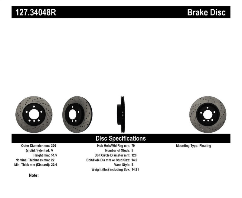StopTech Power Slot 01-02 BMW Z3 / 03-09 Z4 / 3 Series Front Right Drilled & Slotted Rotor Stoptech