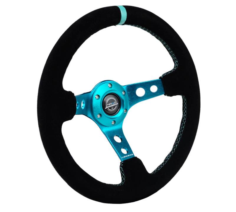 NRG Reinforced Steering Wheel (350mm/ 3in. Deep) Black Suede/ Teal Center Mark/ Teal Stitching - RST-006S-TL NRG