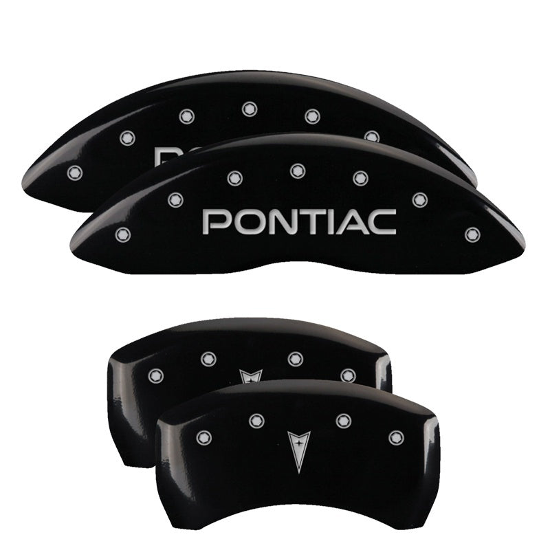 MGP 4 Caliper Covers 98-02 Pontiac Firebird (Ex WS6) Front Pontiac Rear Arrow Blk Finish Silver Char MGP