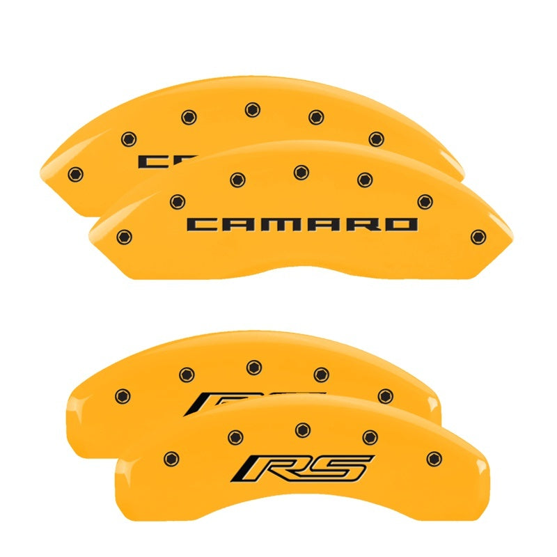 MGP 4 Caliper Covers Engraved Front Gen 5/Camaro Engraved Rear Gen 5/RS Yellow finish black ch MGP