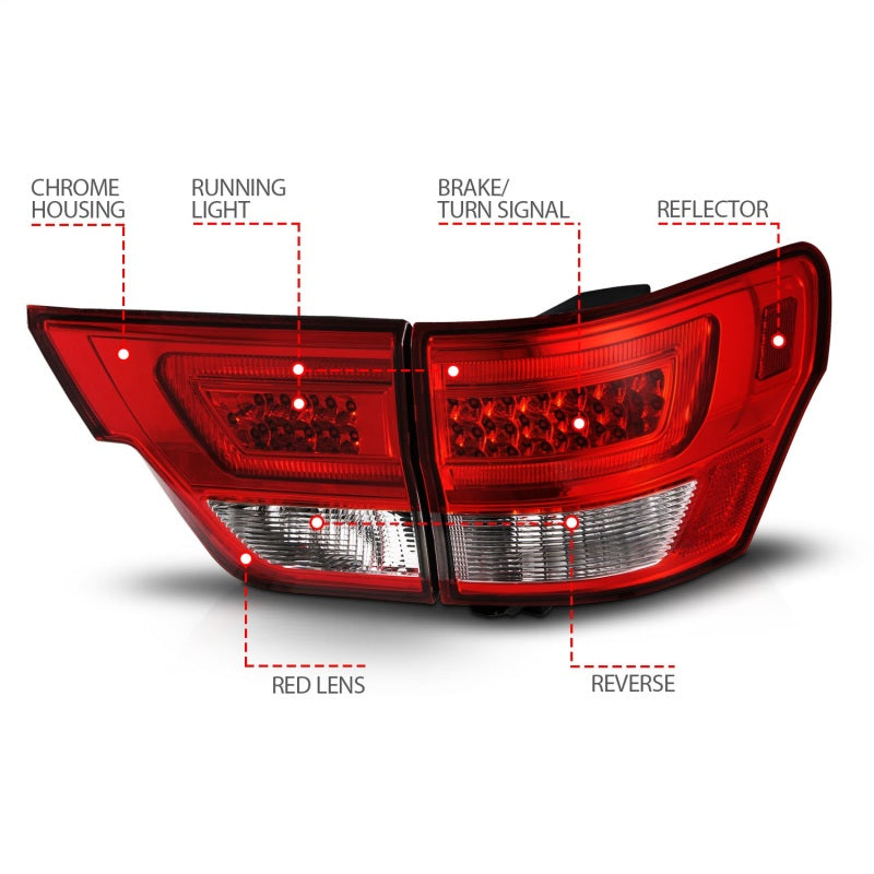 ANZO 11-13 Jeep Grand Cherokee LED Taillights w/ Lightbar Chrome Housing Red/Clear Lens 4pcs ANZO