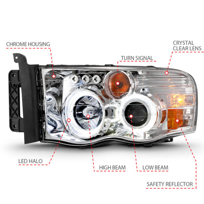 ANZO 2002-2005 Dodge Ram 1500 Projector Headlights w/ Halo Chrome Clear Amber - eliteracefab.com