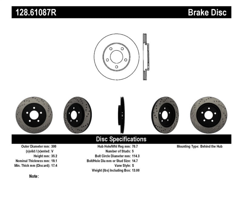 StopTech 05-10 Ford Mustang V6/4.0L / GT V8/4.6L Cross Drilled Right Rear Rotor - eliteracefab.com