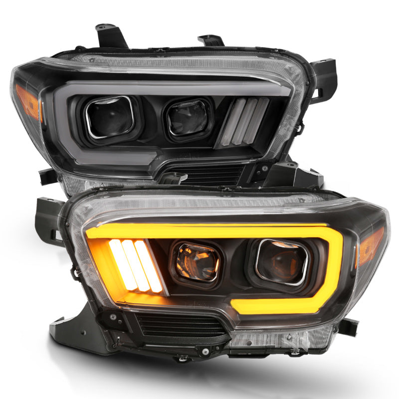 ANZO 2016-2017 Toyota Tacoma Projector Headlights w/ Plank Style Switchback Black w/ Amber - eliteracefab.com