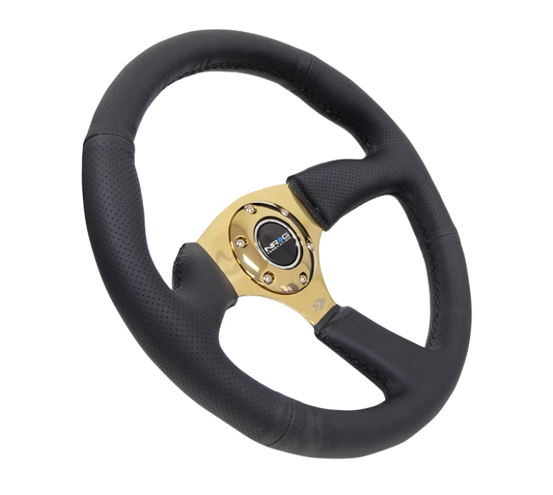 NRG Reinforced Steering Wheel 350mm Sport Leather Racing 2.5 Inch Deep Comfort Grip 4mm metal gold spoke - eliteracefab.com