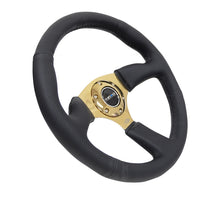 Load image into Gallery viewer, NRG Reinforced Steering Wheel 350mm Sport Leather Racing 2.5 Inch Deep Comfort Grip 4mm metal gold spoke - eliteracefab.com