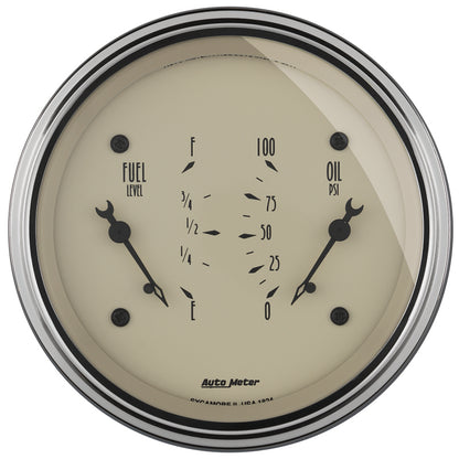 AutoMeter Gauge Dual Fuel & Oilp 3-3/8in. 0 Ohm(e) to 90 Ohm(f)& 100PSI Elec Antq Beige 1824