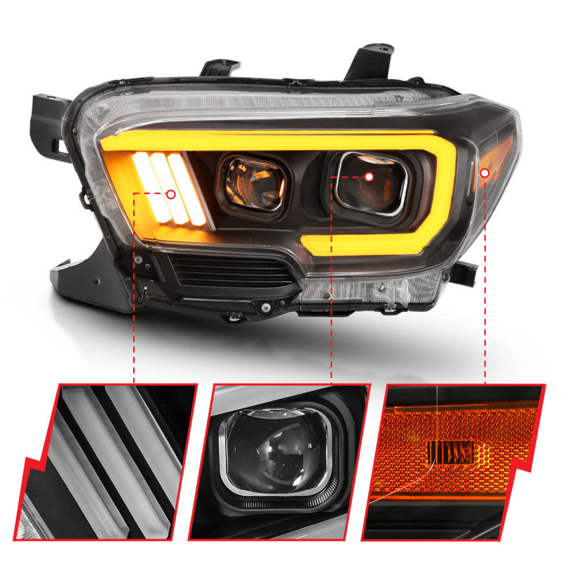 ANZO 2016-2017 Toyota Tacoma Projector Headlights w/ Plank Style Switchback Black w/ Amber - eliteracefab.com