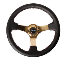 Load image into Gallery viewer, NRG Reinforced Sport Steering Wheel 350mm 3 Inch Deep black Suede with red Baseball Stitching Chrome Gold Spoke - eliteracefab.com