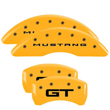 Load image into Gallery viewer, MGP 4 Caliper Covers Engraved Front 2015/Mustang Engraved Rear 2015/GT Yellow finish black ch - eliteracefab.com