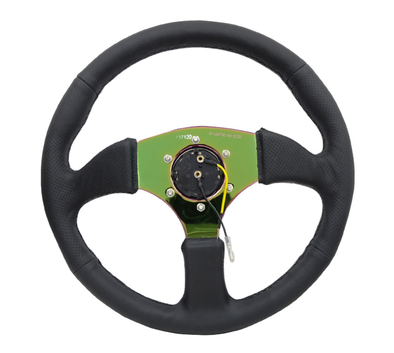 NRG Reinforced Steering Wheel (350mm / 2.5in. Deep) Leather Race Comfort Grip w/4mm Neochrome Spokes - eliteracefab.com