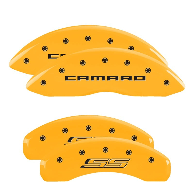 MGP 4 Caliper Covers Engraved Front Gen 5/Camaro Engraved Rear Gen 5/SS Yellow finish black ch MGP