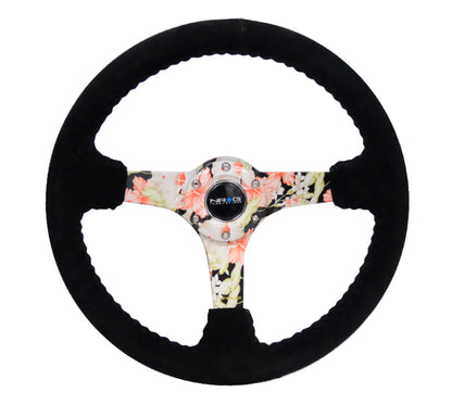 NRG Reinforced Sport Steering Wheel 350mm 3 Inch Deep Hydro Dipped Tropical Floral 5mm spoke Black Suede Black Baseball Stitching - eliteracefab.com