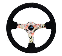 Load image into Gallery viewer, NRG Reinforced Sport Steering Wheel 350mm 3 Inch Deep Hydro Dipped Tropical Floral 5mm spoke Black Suede Black Baseball Stitching - eliteracefab.com