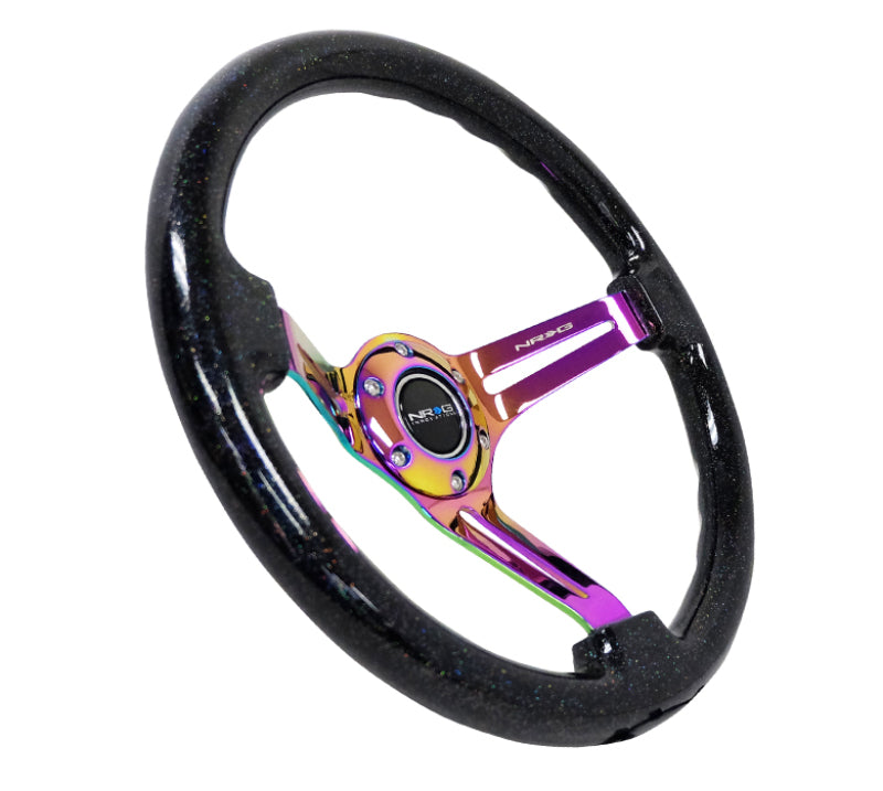 NRG Reinforced Classic Wood Grain Wheel 350mm 3-Spoke Slotted Center Neochrome Black Multi-Color Flake Wood - eliteracefab.com