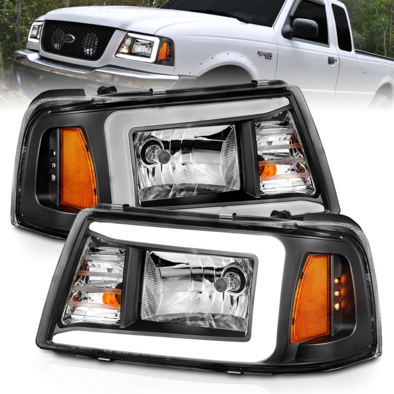 ANZO 2001-2011 Ford Ranger Crystal Headlights w/ Light Bar Black Housing - eliteracefab.com