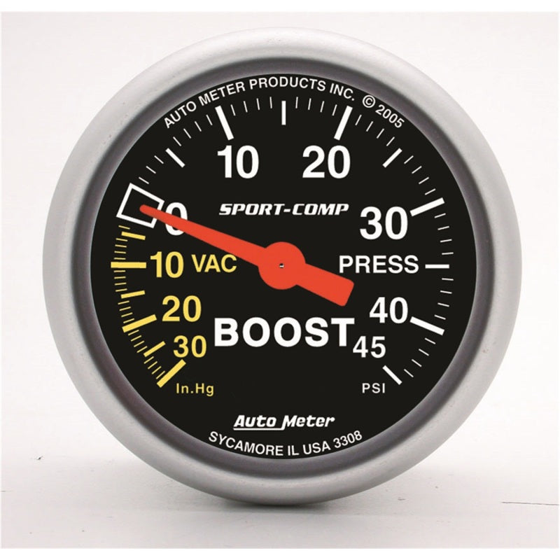 AutoMeter GAUGE; VAC/BOOST; 2 1/16in.; 30INHG-45PSI; MECHANICAL; SPORT-COMP - eliteracefab.com