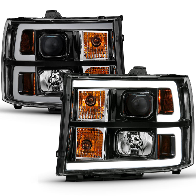 ANZO 2007-2013 Gmc Sierra 1500 Projector Headlight Plank Style Black w/ Clear Lens Amber - eliteracefab.com