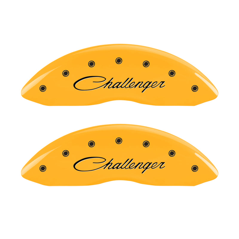 MGP 4 Caliper Covers Engraved Front & Rear Cursive/Challenger Yellow finish black ch MGP