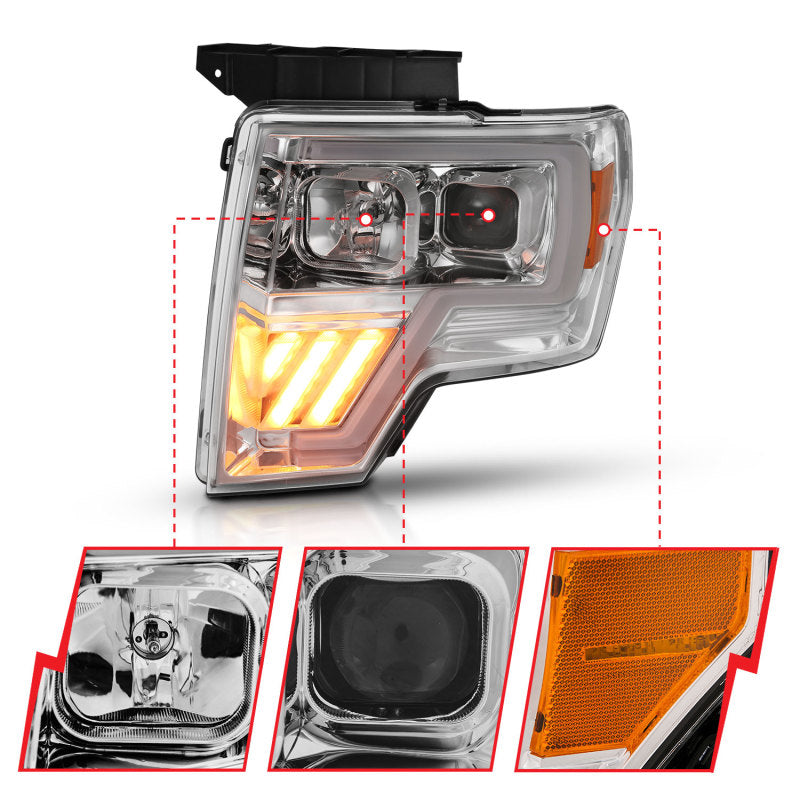 ANZO 2009-2014 Ford F-150 Projector Headlight Chrome Amber - eliteracefab.com