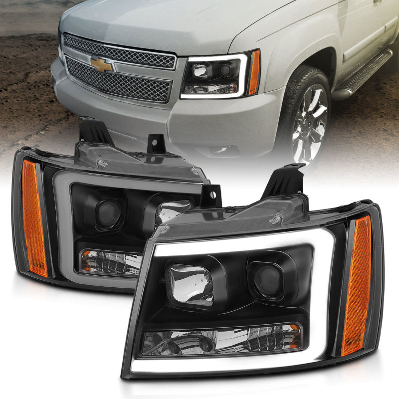 ANZO 07-14 Chevy Tahoe Projector Headlights w/ Plank Style Design Black w/ Amber - eliteracefab.com